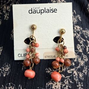 Carol Dauplaise Coral and Wood Clip-On Cascade Earrings
